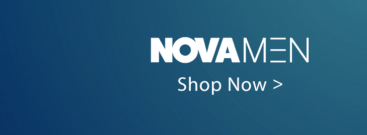 White NOVA MEN logo and "Shop Now >" call to action on a dark blue gradient banner. Explore new men's clothing and fashion for modern styles.