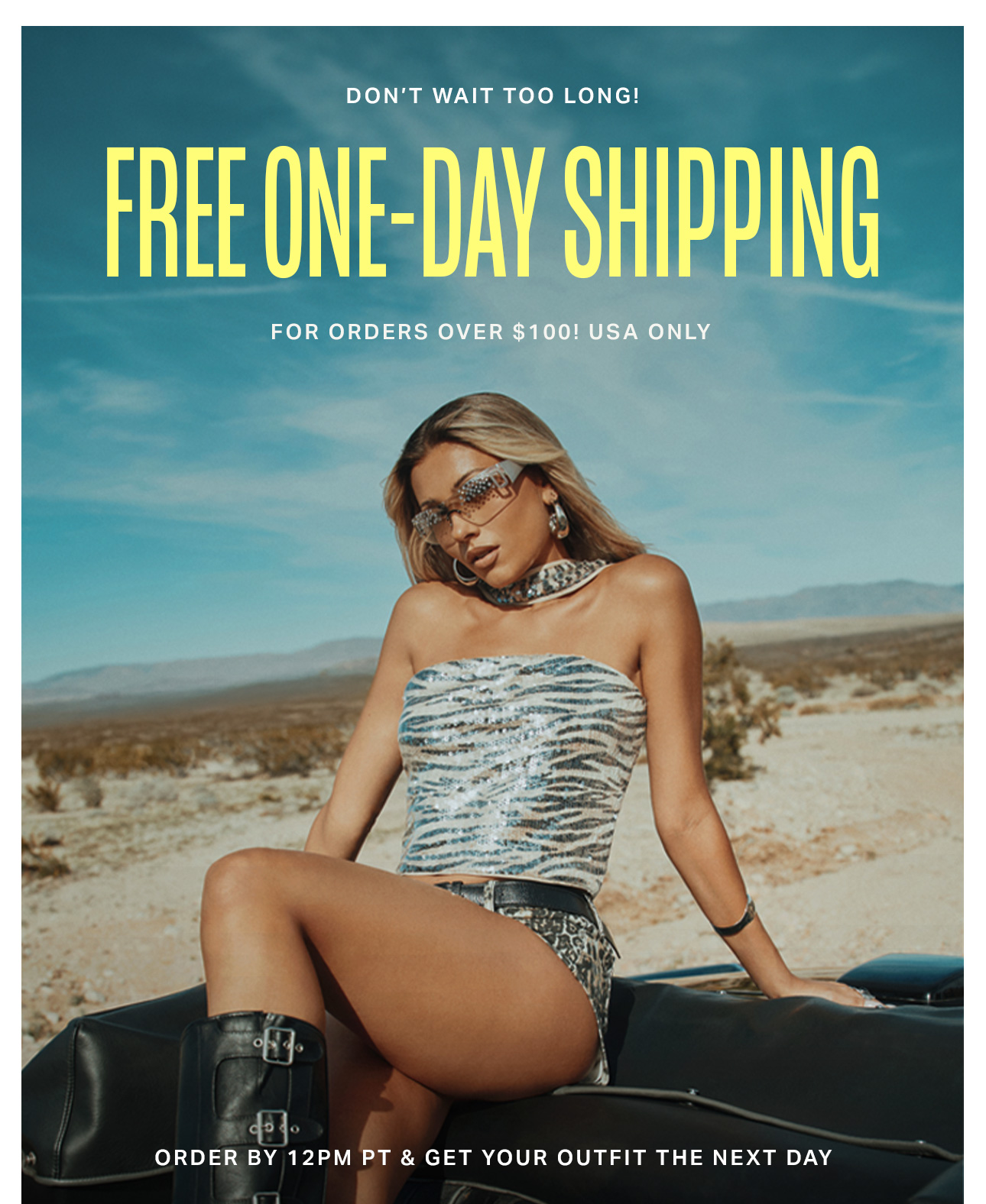 Stylish woman in silver sequin zebra top & shorts in desert. Promotes free one-day shipping on fashion orders over $100 for next-day delivery.