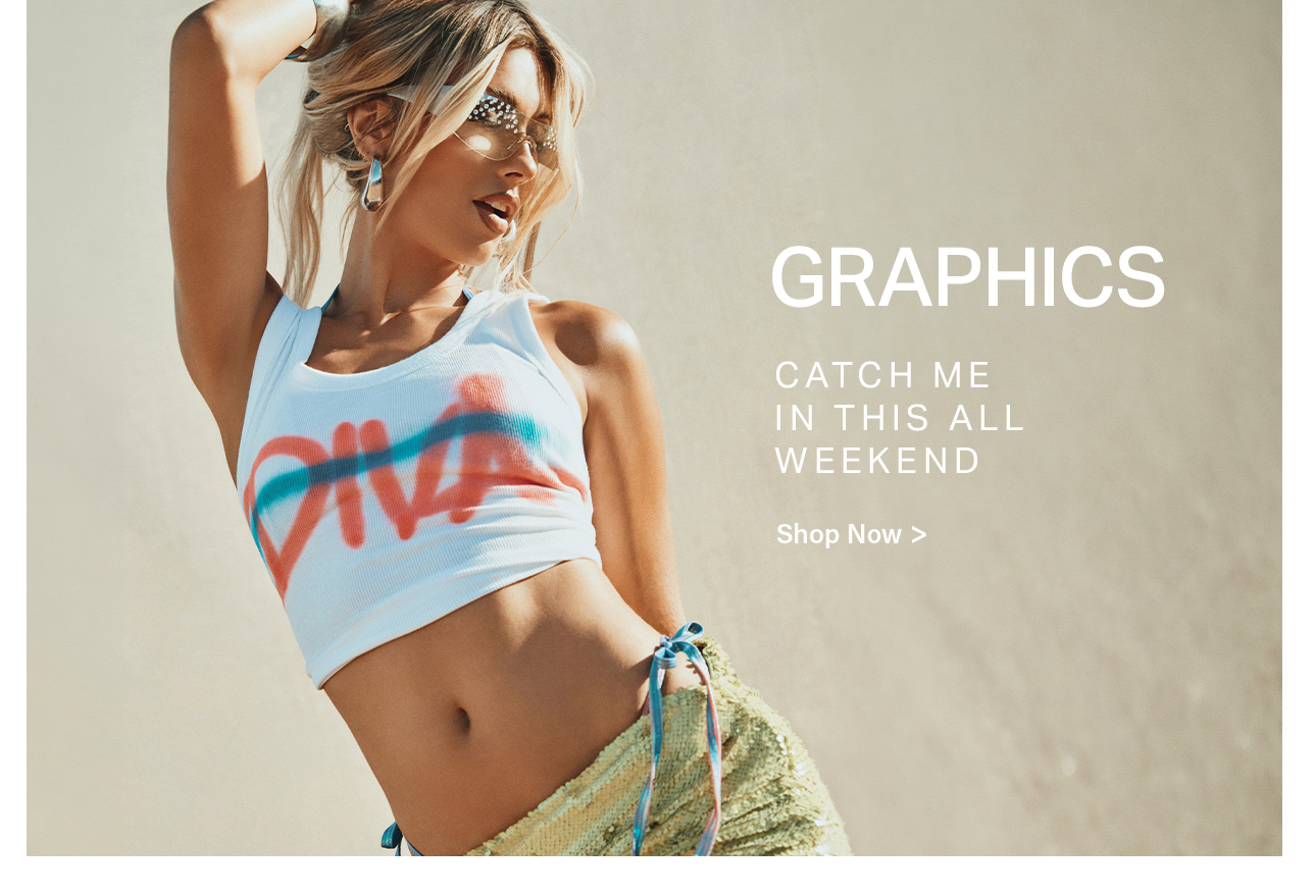 Stylish woman in white 'DIVA' graphic crop top, sparkly green shorts, and embellished sunglasses. Shop trendy weekend fashion now!