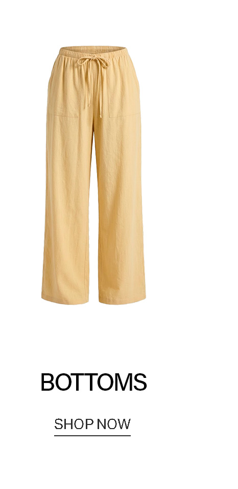 Pale yellow wide-leg linen pants with a drawstring waist and visible front pockets, highlighting comfortable women's bottoms for shopping.