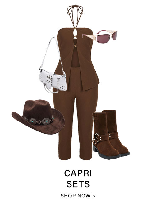 Brown capri set with halter top, capri pants, suede cowboy hat, boots, white bag, and sunglasses. Shop Western-style capri sets now.
