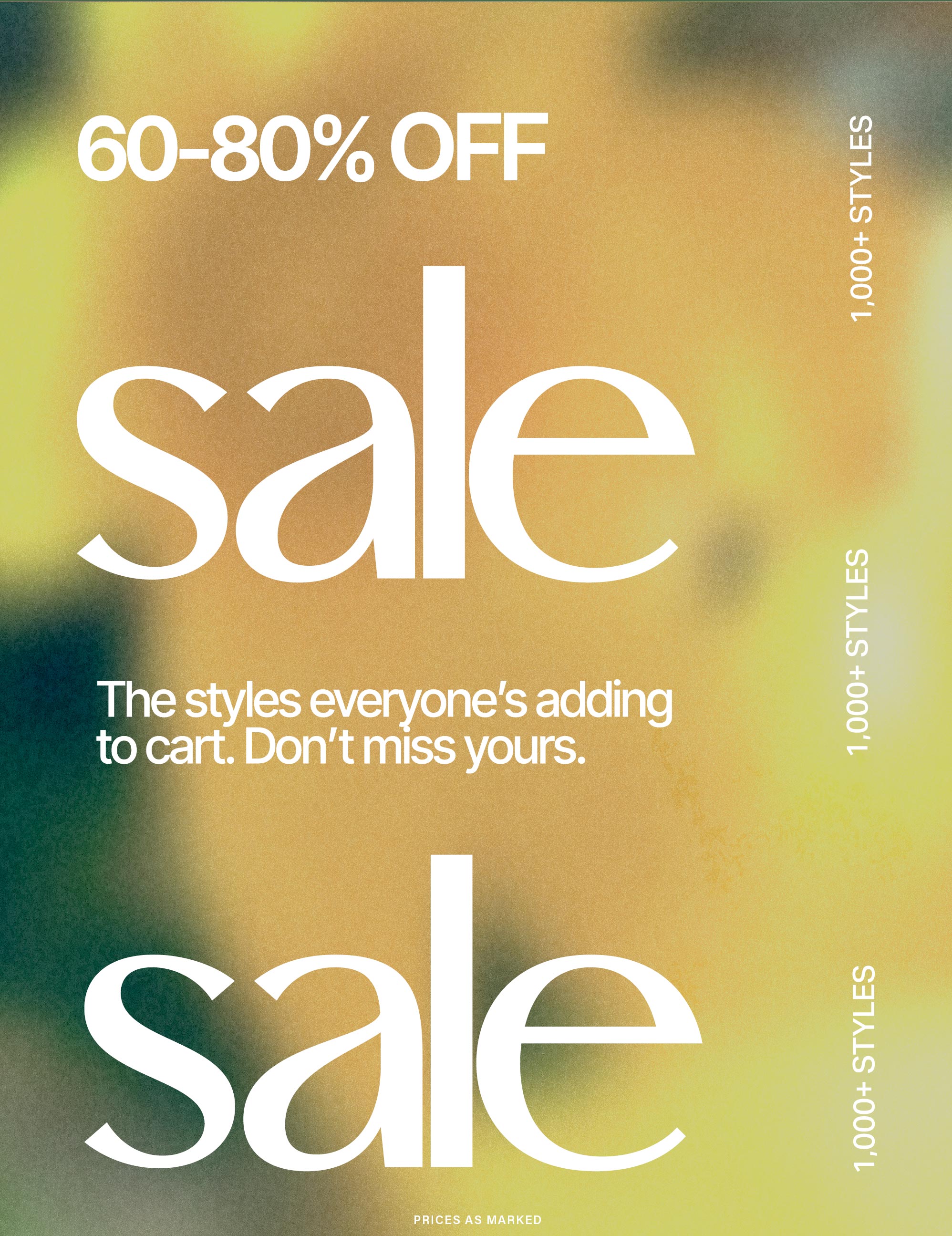 Vibrant green-gold gradient sale graphic: "60-80% OFF" and "1,000+ STYLES." Shop popular fashion items before they're gone.