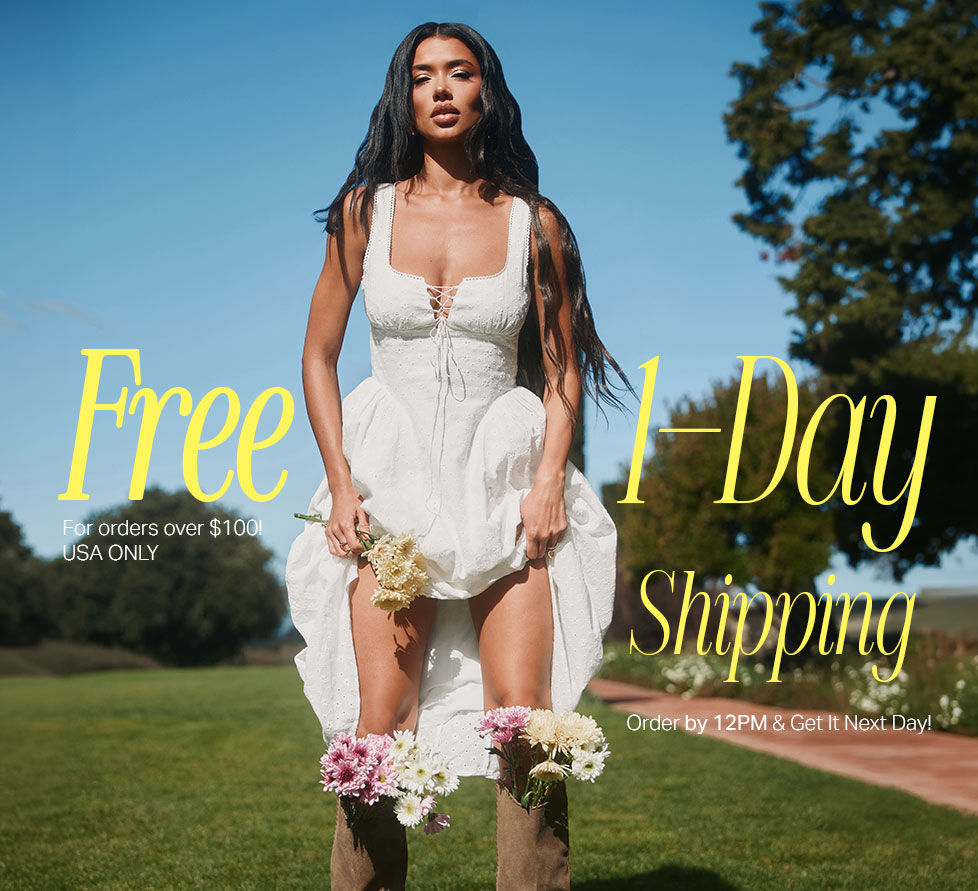 Model in white eyelet mini dress & boots with flowers outdoors. Get Free 1-Day Shipping on new collection orders over $100.