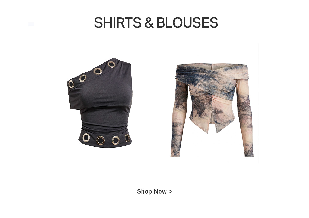 Stylish black grommet one-shoulder top and an abstract off-shoulder blouse. Discover women's shirts & blouses. Shop Now!