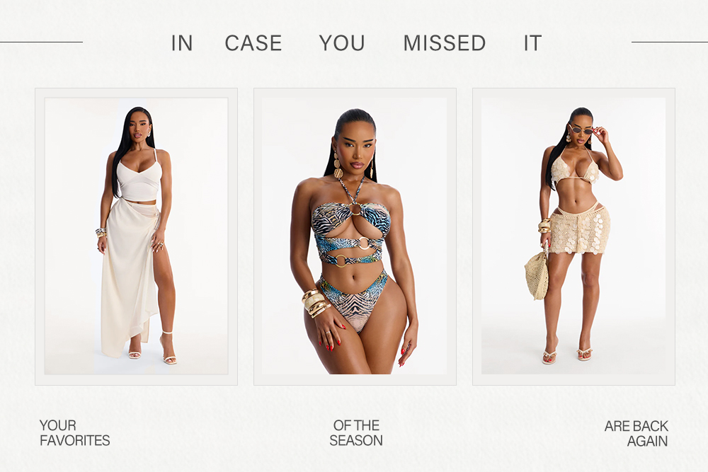 Model wears three popular styles: white two-piece, blue animal print bikini, beige crochet set. Discover top resort wear and summer fashion!
