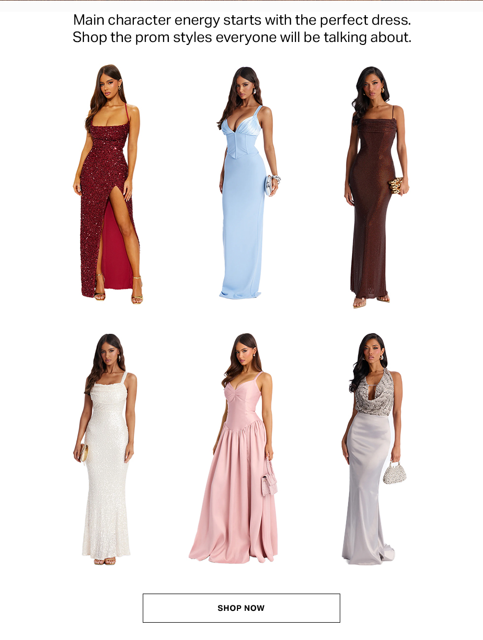 Six models showcasing diverse formal prom dresses: red sequin, light blue, brown shimmer, white, pink, and silver elegant gowns. Shop now.