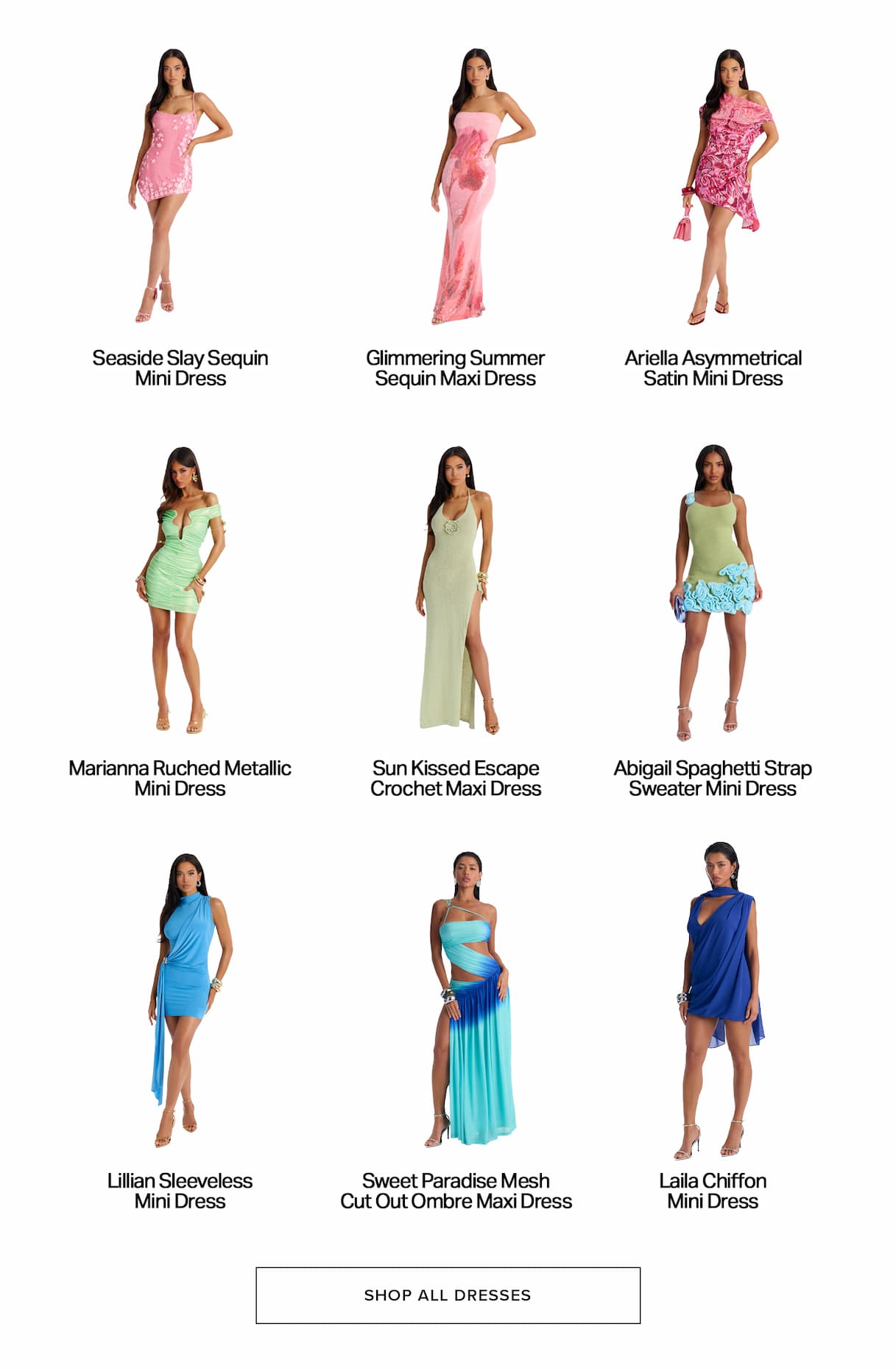 Women's summer collection: sequin, metallic, crochet, satin, chiffon mini & maxi dresses. Pink, green, blue.
