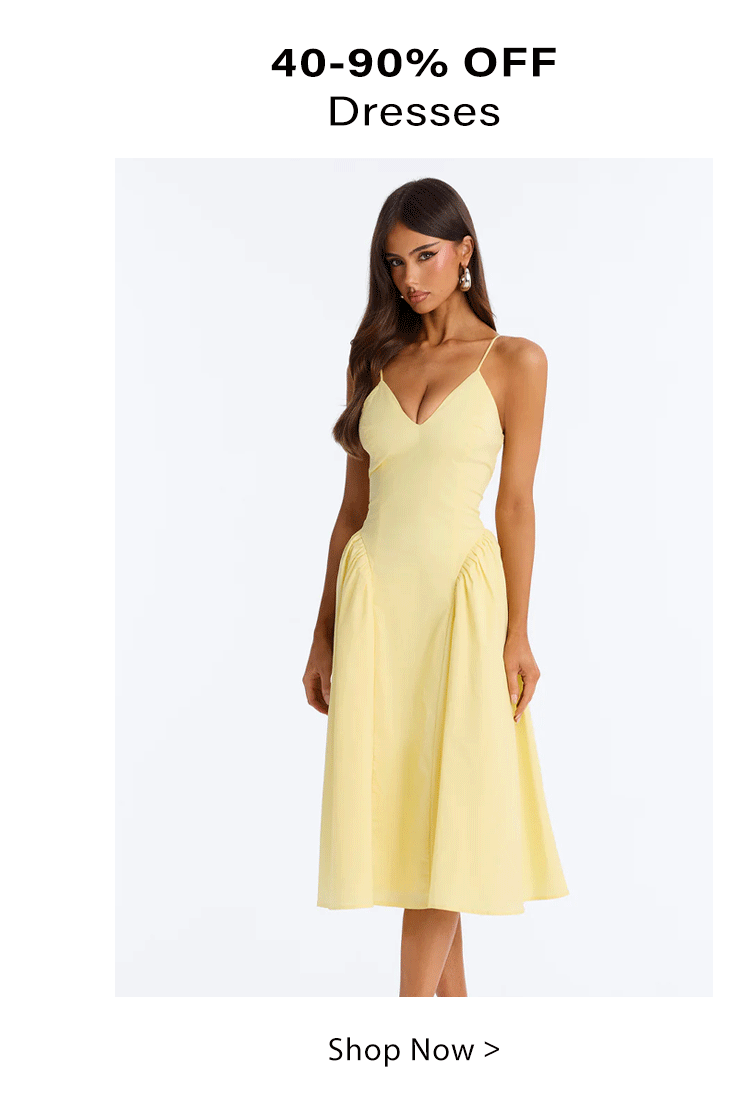 Woman in a yellow V-neck spaghetti strap midi dress. Shop 40-90% off women's dresses now!