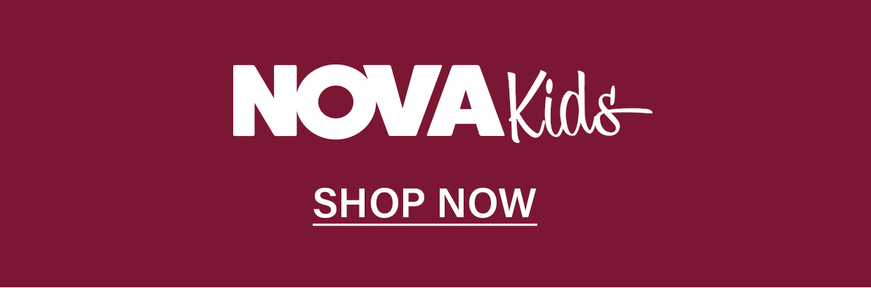 White NOVA Kids logo with a "SHOP NOW" call to action on a maroon background, promoting the brand's trendy children's clothing collection.