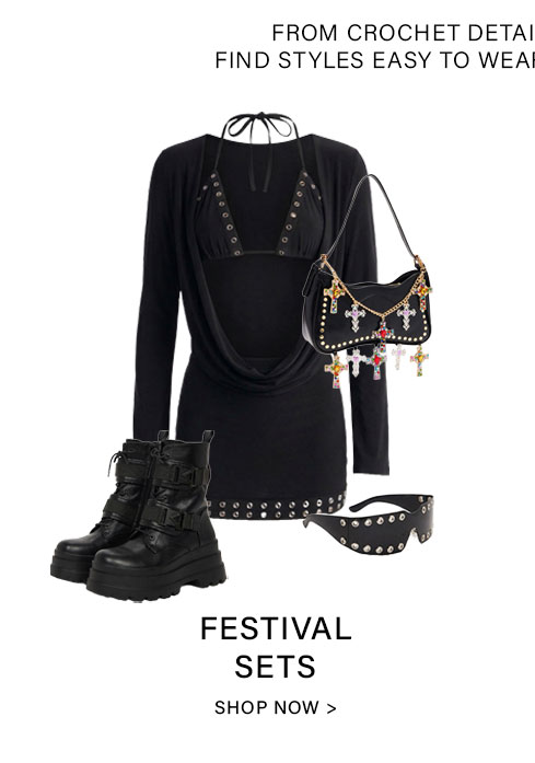 Black festival outfit: draped mini dress, chunky combat boots, studded cross-charm bag, and studded sunglasses. Easy-to-wear festival style.