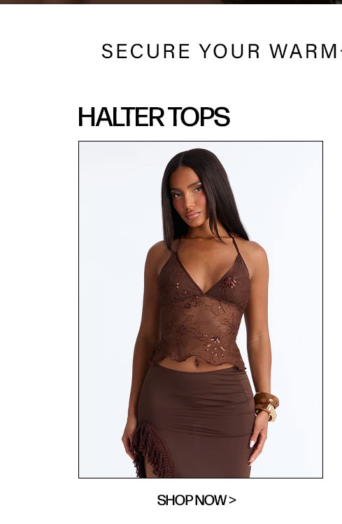 Brown sheer embroidered halter top. Shop trendy women's tops.