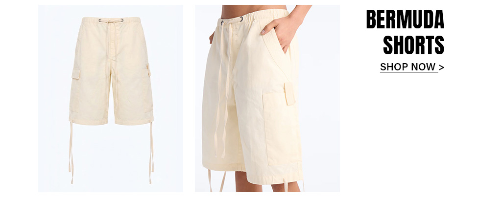 Shop these off-white cargo Bermuda shorts featuring a drawstring waist and utility pockets, shown on a model with a Shop Now banner.