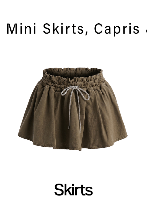 Olive green ruffled mini skirt with drawstring waist.
