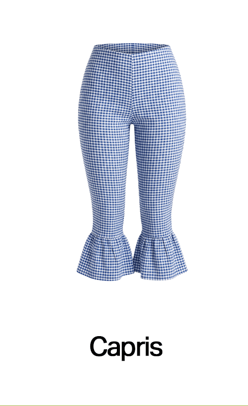 Blue and white gingham ruffled capri pants for women.