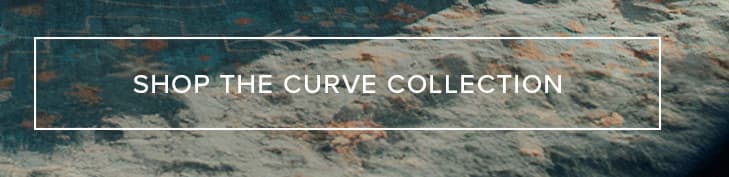 Abstract textured background in muted teal, grey, and rust tones, featuring a white box with "Shop the Curve Collection." Discover unique home decor.