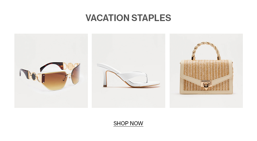 Shop vacation staples: trendy sunglasses, white thong heels, and a chic straw handbag.