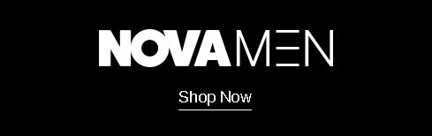 White NOVA MEN logo on a black banner, prompting users to shop men's clothing and latest fashion trends with a 'Shop Now' call to action.