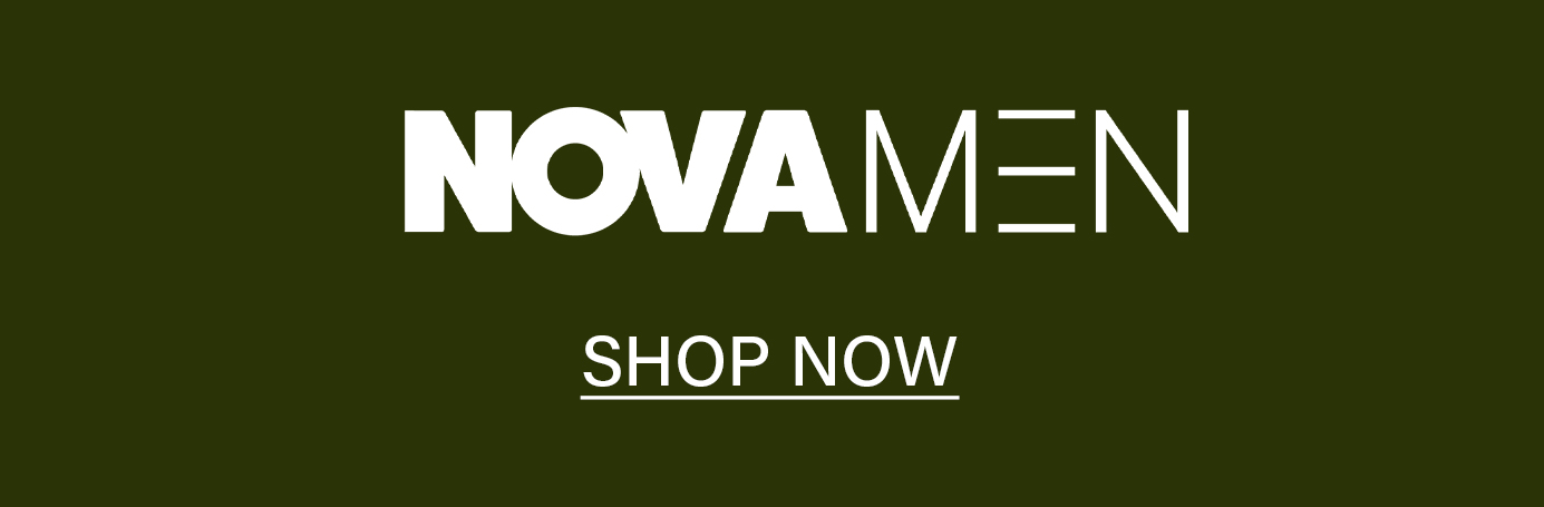 White "NOVA MEN" text on a dark green background, with an underlined "SHOP NOW" call to action, promoting new men's fashion and clothing.