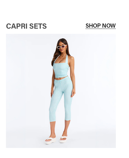 Women's light blue gingham capri set: halter crop top and capri pants. Stylish two-piece summer outfit.