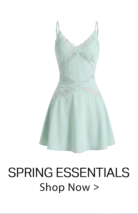 V-neck mint green A-line mini dress with delicate lace criss-cross details on bodice and waist, spaghetti straps. Shop Spring Essentials.