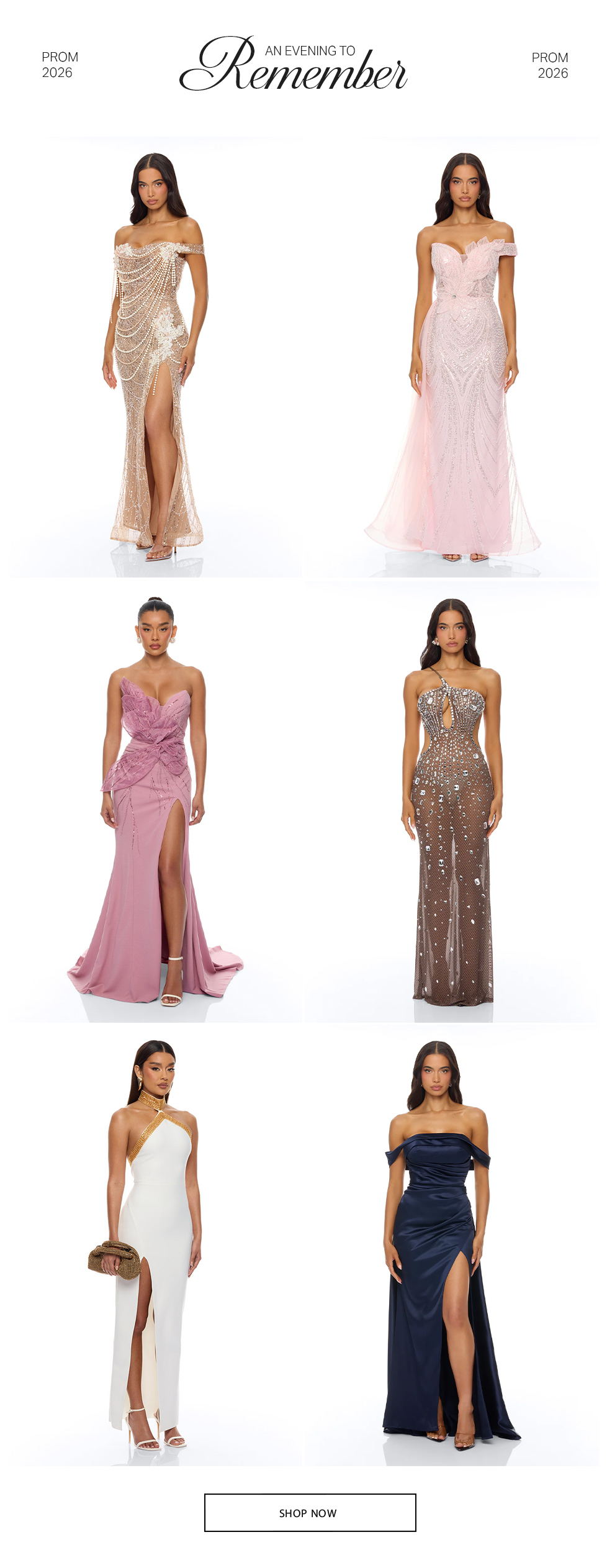 An Evening To Remember Prom 2026 collection. Six models showcase diverse evening gowns: gold, pink, mauve, brown, white, navy formal dresses.