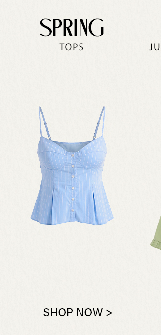 Light blue pinstriped bustier top with white buttons, spaghetti straps, and pleated hem, promoting new Spring Tops. Shop now.
