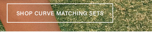 White "SHOP CURVE MATCHING SETS" text on a dual background of warm terracotta and vibrant green grass, inviting users to browse matching sets.
