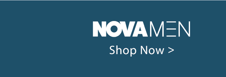 NOVA MEN logo in white text on a teal background. Shop men's fashion and new arrivals now. Explore our collection.