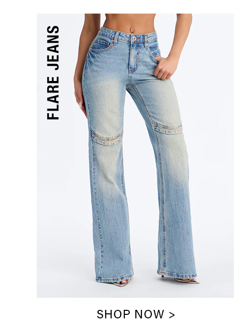 Light wash flare jeans, a stylish blue denim pair with distressed detailing and knee panels. Shop this trendy flare jeans collection.