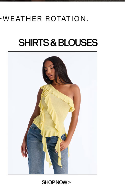 Women's yellow one-shoulder ruffled knit top. Stylish summer blouse, pairs with jeans. Shop shirts & blouses.