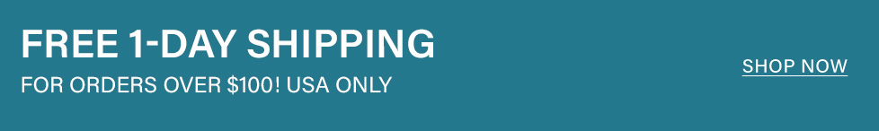 Teal banner announcing a fantastic online shopping deal: Free 1-day shipping for USA orders over $100. Click "Shop Now" for express delivery.