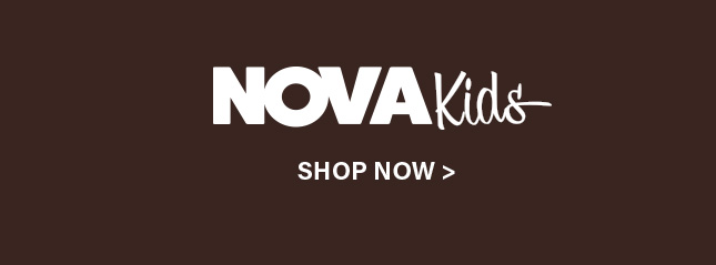 White NOVA Kids logo with 'SHOP NOW' button on brown. Discover stylish children's clothing and fashion for kids today.