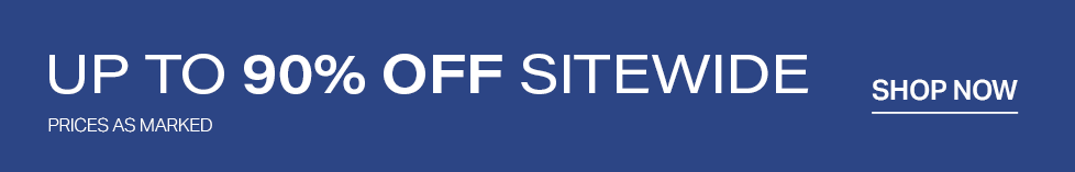 Blue promotional banner with "UP TO 90% OFF SITEWIDE" in white, plus "PRICES AS MARKED" and a "SHOP NOW" button. Major discount sale.