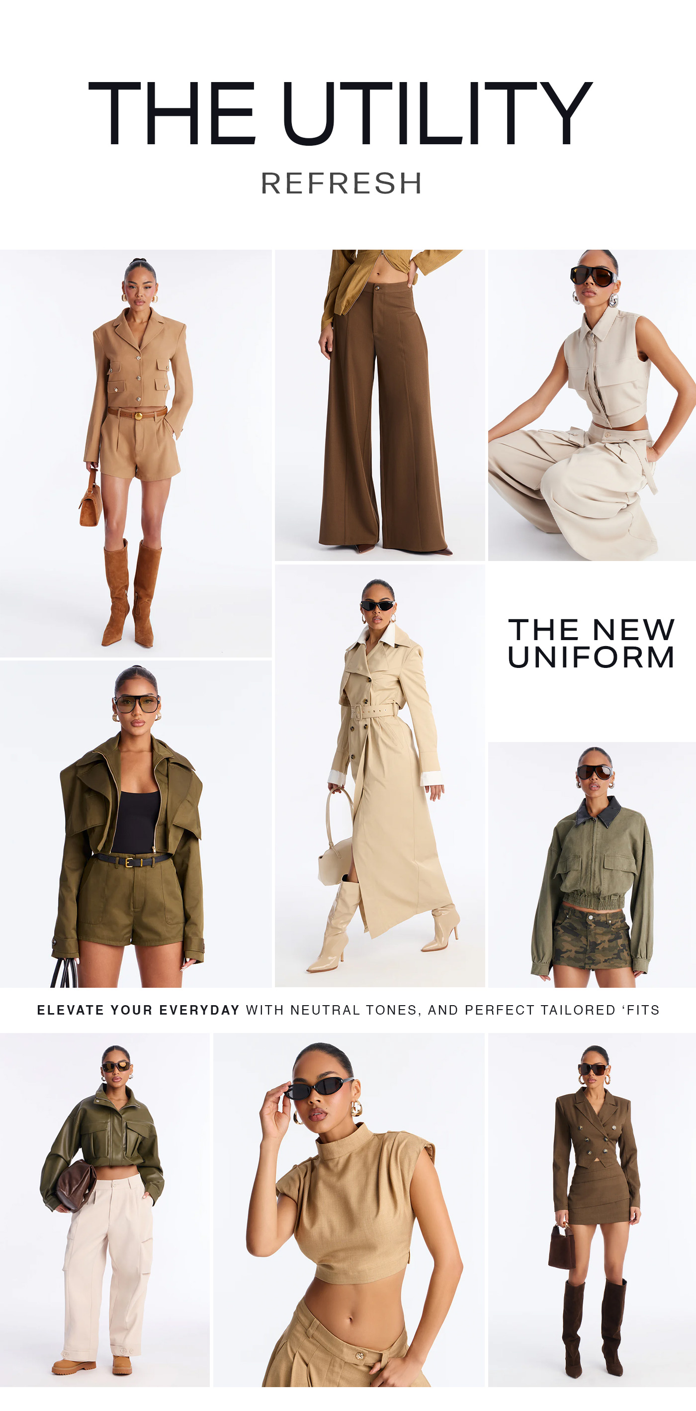 Models in a grid highlight utility fashion refresh. They wear tailored shorts, pants, and jackets in olive, tan, and brown neutral tones.