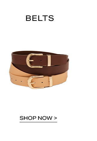 Dark brown and tan leather belts with gold buckles on a category banner reading "Belts Shop Now" to promote women's fashion accessories.