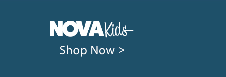 NOVA Kids logo and 'Shop Now >' button, white text on a deep teal background. Shop new arrivals in children's apparel.