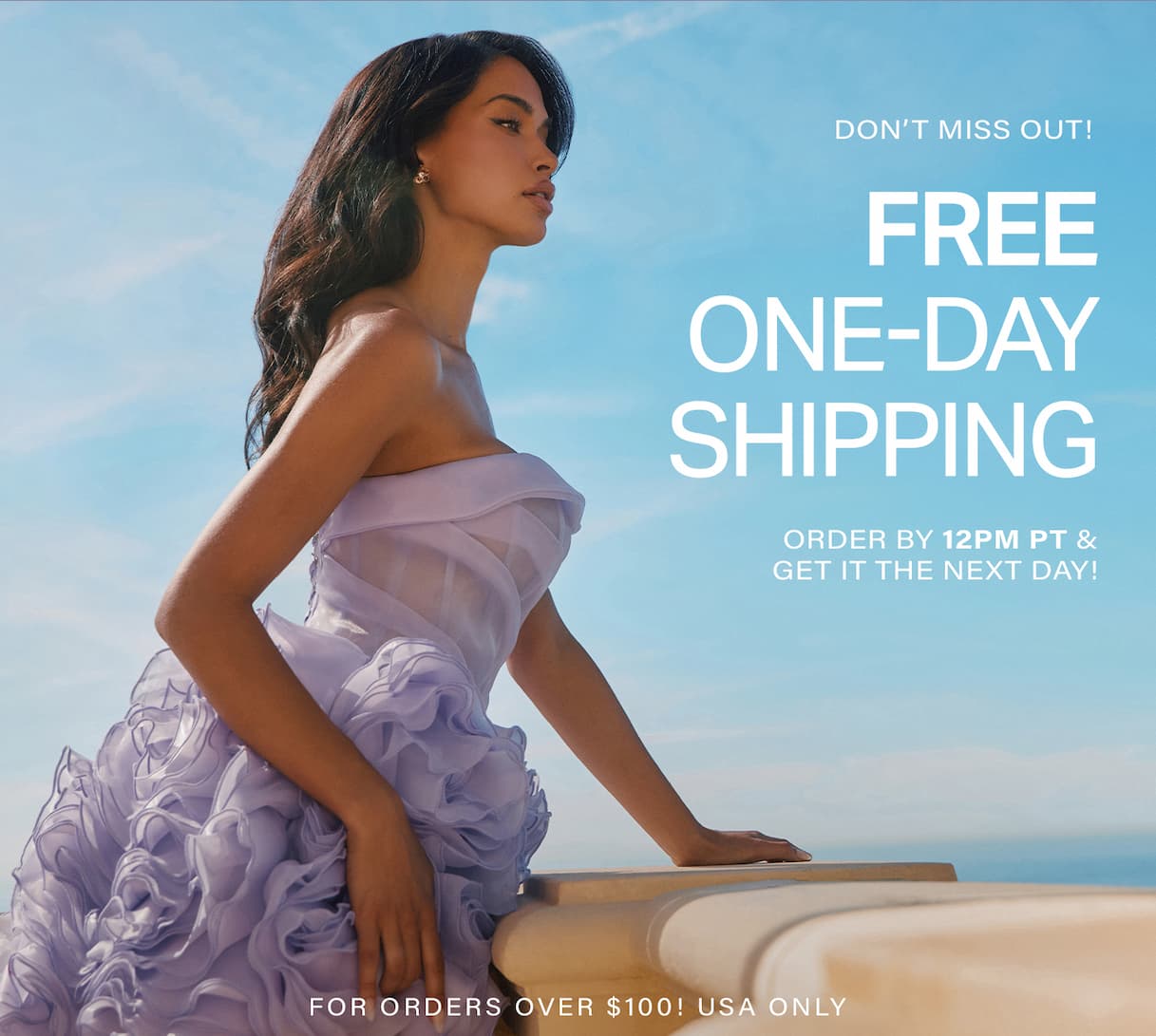 Woman in an elegant lavender strapless ruffled dress, against a blue sky, promoting free one-day shipping on chic fashion.