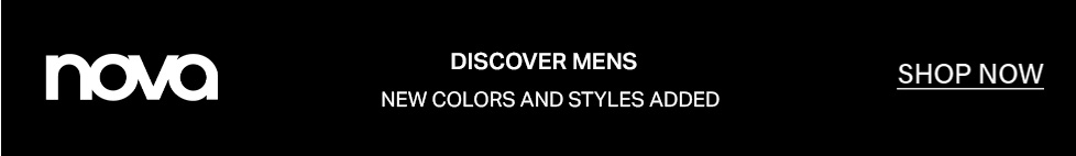 Nova black banner with white text promoting new mens clothing colors and styles, featuring 'Discover Mens' text and a 'Shop Now' call to action.
