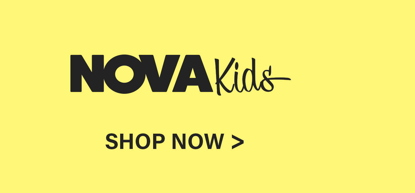 Black "NOVA Kids" logo with "SHOP NOW >" call to action, set against a vibrant yellow background, inviting users to browse children's fashion.
