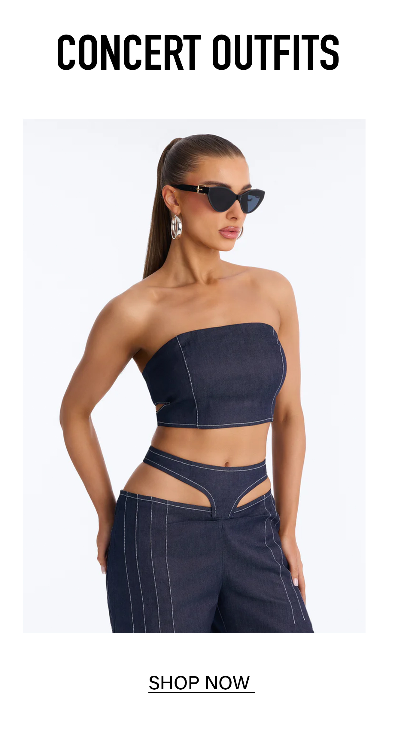 Dark denim strapless crop top & cutout pants concert outfit. Trendy festival fashion for women.