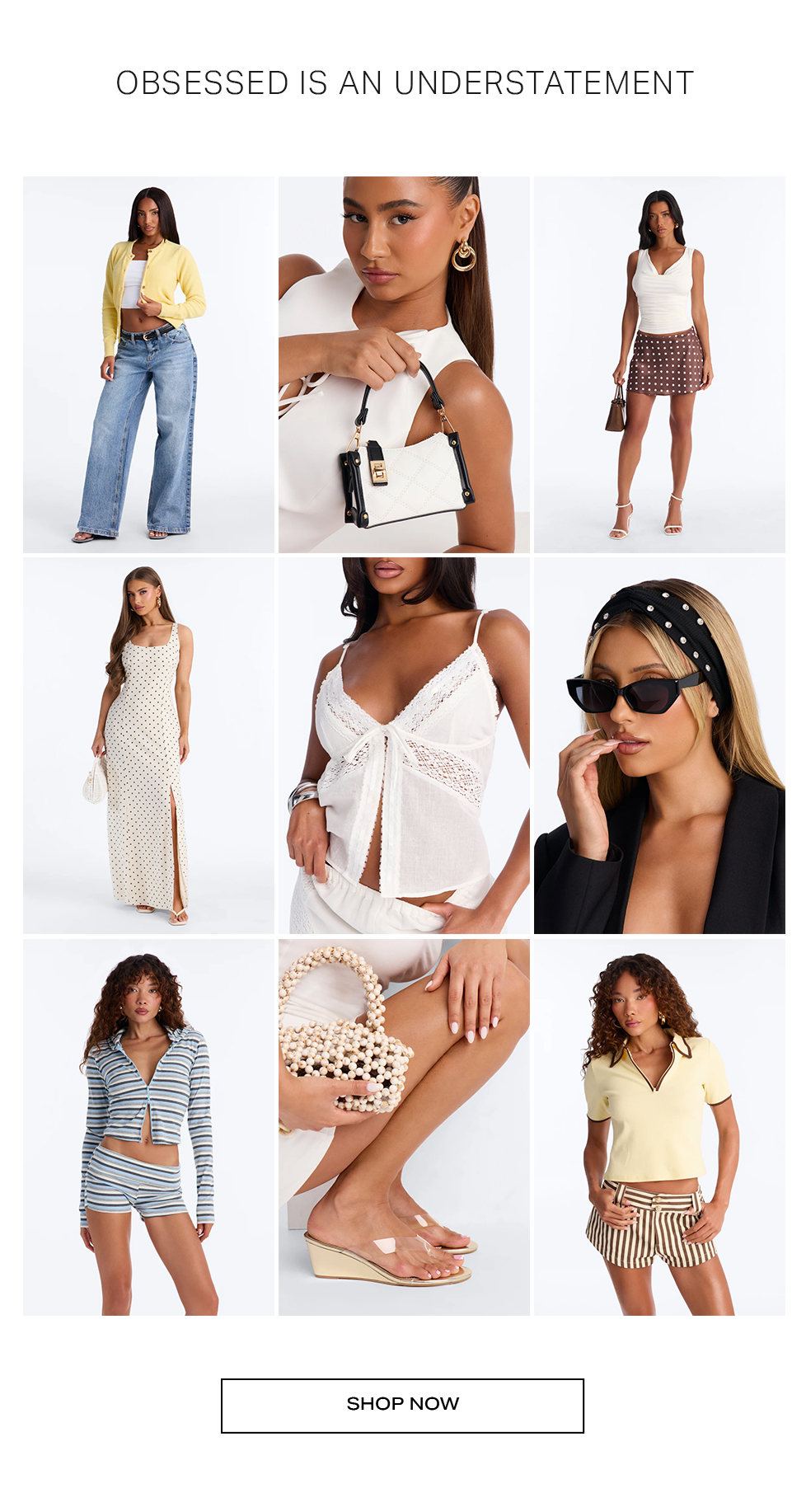 Grid of stylish women's summer outfits featuring neutral dresses, denim, and knitwear, promoting a new fashion collection to shop now.