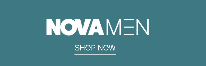 White NOVAMEN brand text on a teal background with 'SHOP NOW' button, inviting users to explore men's clothing and fashion.