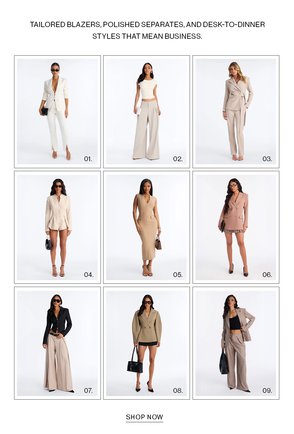 Tailored blazers, polished separates, & desk-to-dinner styles for women. Business fashion in neutral colors.