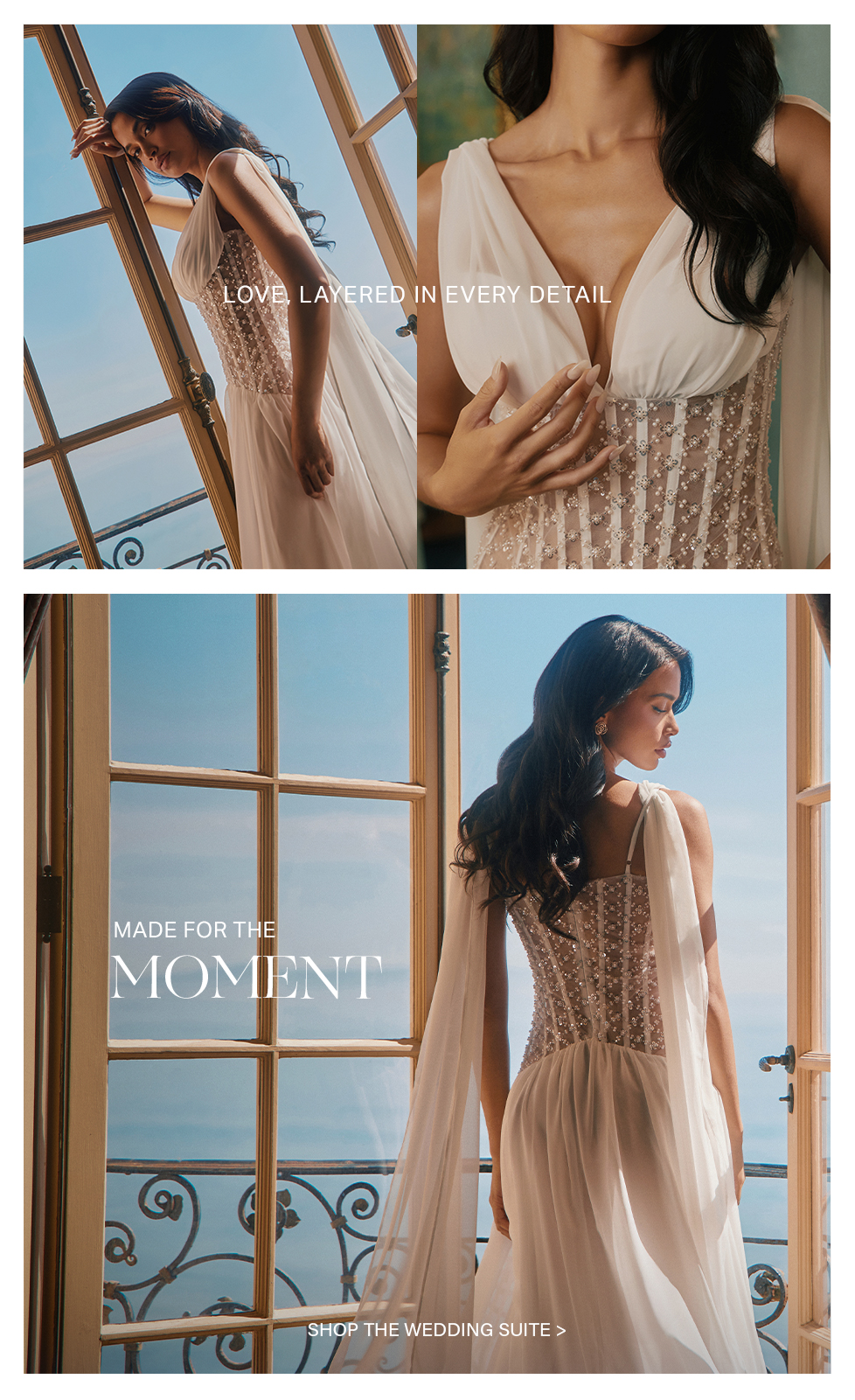 Elegant woman in an ivory wedding dress with intricate beaded bodice and flowing fabric, posing by a window. New bridal gown collection for the Wedding Suite.