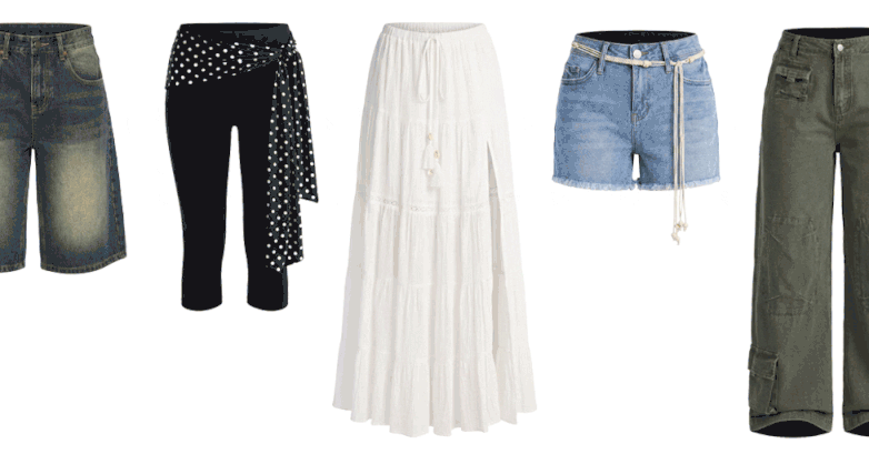 Stylish women's bottoms collection: blue denim shorts, black polka dot leggings, white maxi skirt, light blue cutoff shorts, olive cargo pants.