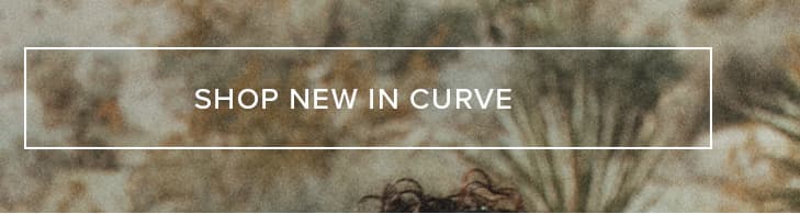 White text "SHOP NEW IN CURVE" framed on a soft, earthy brown and green background, inviting discovery of the latest plus-size fashion.