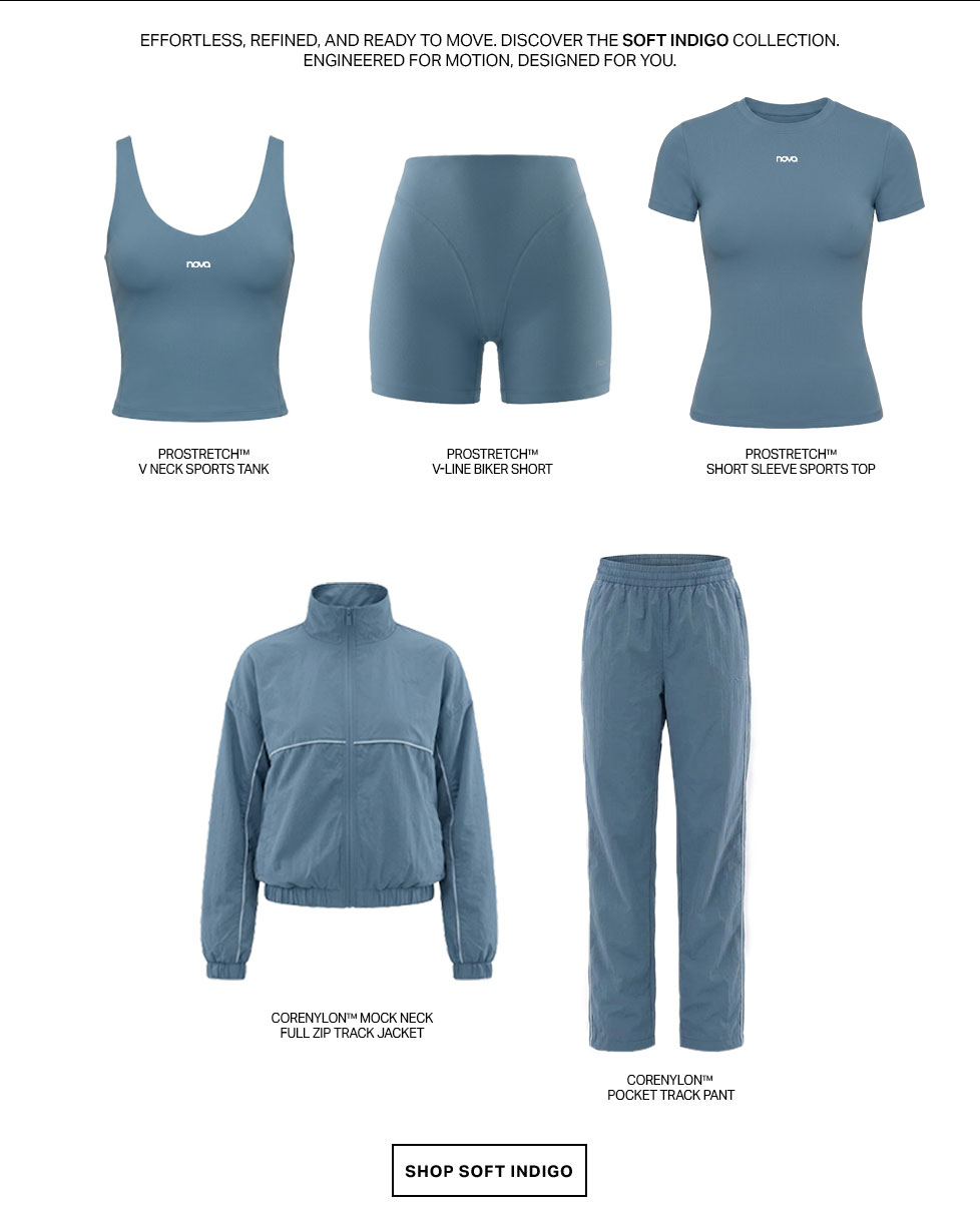 Soft indigo collection featuring an activewear tank, biker shorts, sports top, track jacket, and track pants. Designed for movement.