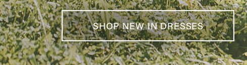 Lush green foliage background with a white overlay box stating "SHOP NEW IN DRESSES". Discover and buy the latest new fashion dresses.