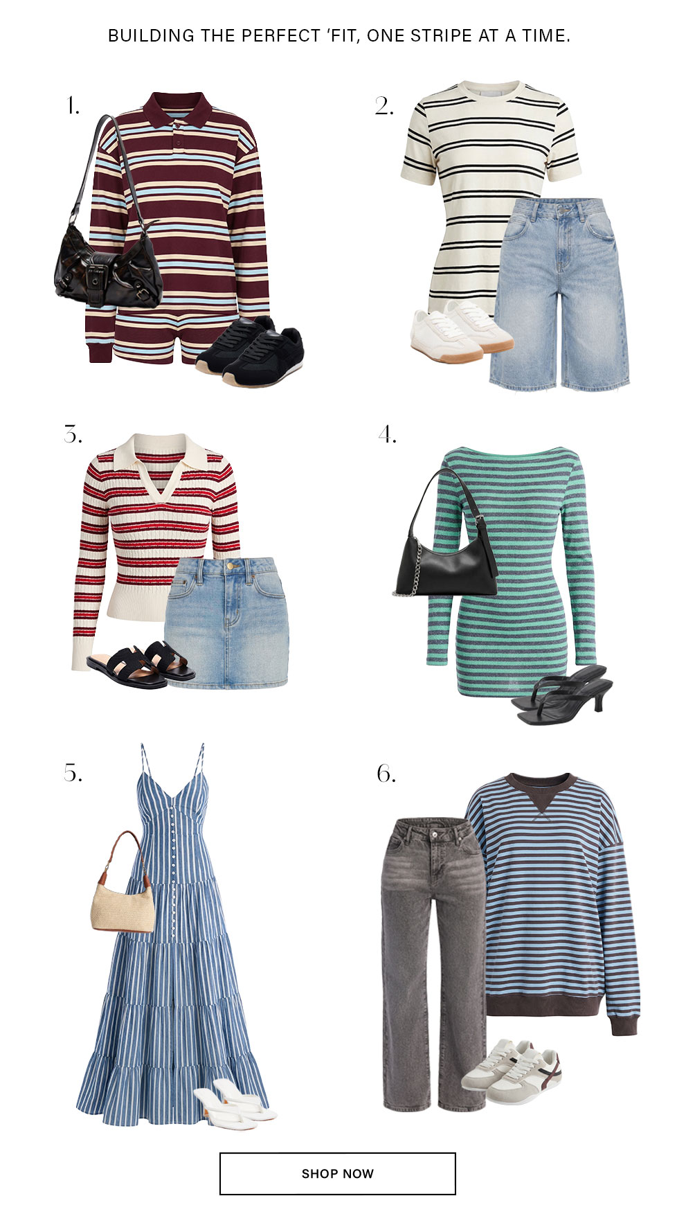 Six stylish striped 'fits from our new fashion collection, featuring diverse shirts, dresses, and casual wear. Shop these trendy styles.