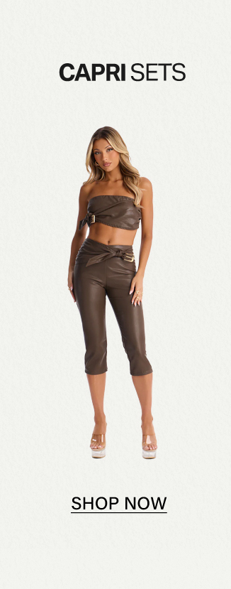 Dark brown faux leather capri set with strapless bandeau top & tie-front capri pants. Shop trendy women's capri sets.
